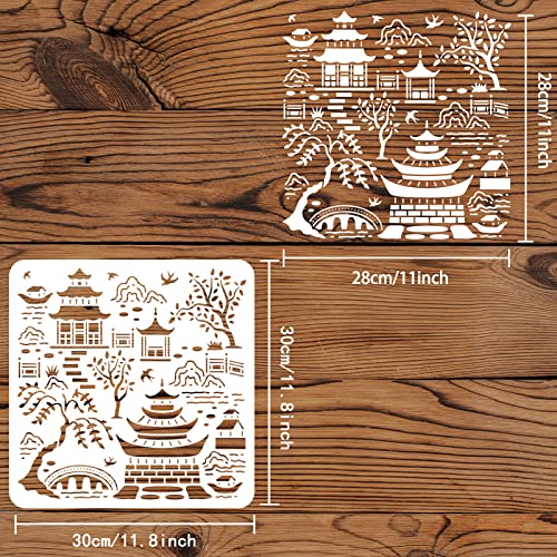 FINGERINSPIRE Secret Garden Toile Drawing Stencil 11.8x11.8inch Reusable Birds Tree Mountains Stencil Buildings Bridge for Painting on Wood, Floor, Furniture, Wall and Paper - color: Secret Garden Toile