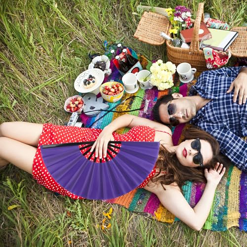 2 Pack Large Folding Hand Fan for Men/Women, Rave Fan Vintage Retro Fabric Fans, Chinese Kung Fu Tai Chi Hand Fan for Festival, Dance, Gift, Performance, Decorations (Purple) - color: 2 Purple