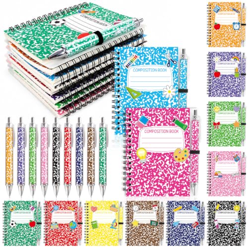 Wiooffen 72 Pcs Composition Notebook Gift Bulk A6 Welcome Back Marble Journal Spiral Notepads with Ballpoint Pens Inspirational Stationery for Office Supplies Teachers Daily Planner and Organizer