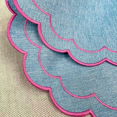 Linen Cotton Placemats Set of 4 Scalloped Flower Embroidery Place Mats 15'' Natural Linen Texture Fabric Machine Washable Table Mats for Restaurant Kitchen,Table Decor(Blue) - color: Blue