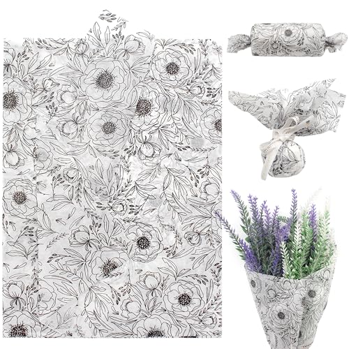 Benvo Floral Tissue Paper 20x29 Inch - 20 Sheets Decoupage Craft Paper for Gift Wrapping, Flower DIY Art Projects, Spring Wedding, Birthday & Baby Shower Decorations(Style O) - color: Black and White Flower Print