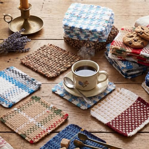 Set of 10 Fabric Drink Coasters, Handcrafted Cotton Woven Coasters for Table, Coastal Farmhouse Table Decor for Coffee Tea Cocktails, Absorbent Soft Desk Coasters for Kitchen Office, Housewarming Gift - color: Blue Bird