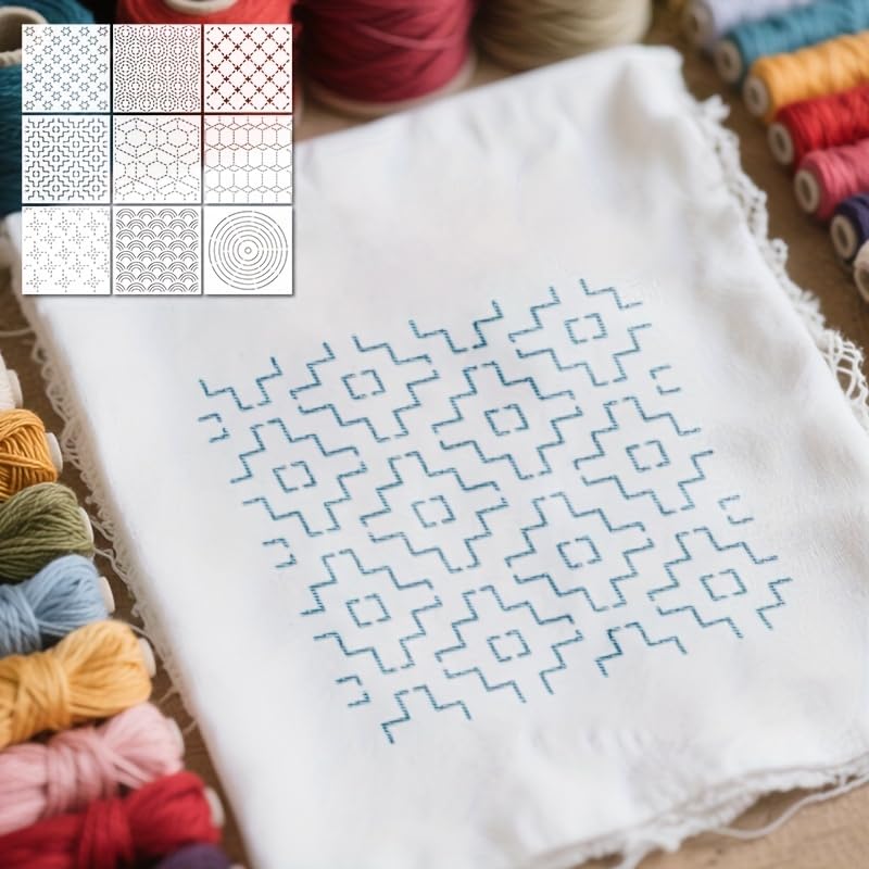 9 Pcs Reusable Sashiko Embroidery Stencils, Geometric Line Quilting Templates for Painting, Drawing, DIY Crafts, Canvas, Wood, Wall & Cookie Decor - color: 9pcs Sashiko