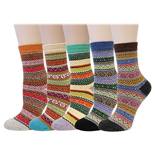 Bowbear Women’s 5-Pair Vintage Pattern Wool Socks - color: Diamond Pattern, size: 9-11
