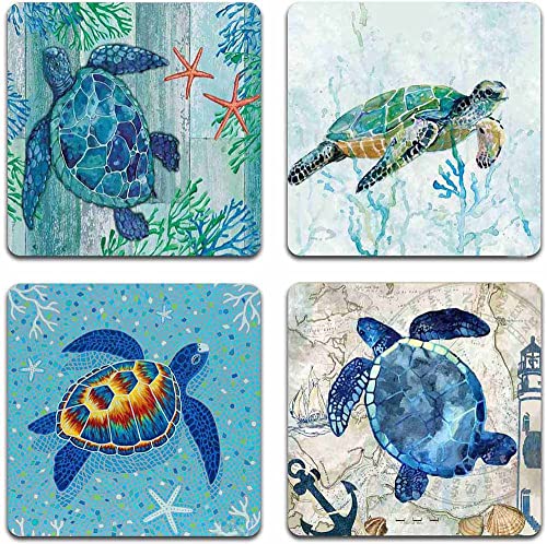 Watercolor Sea Turtle Square Coaster Set-Made of Recycled Rubber-Set of 4 - color: Watercolor Sea Turtle