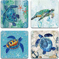 Watercolor Sea Turtle Square Coaster Set-Made of Recycled Rubber-Set of 4 - color: Watercolor Sea Turtle
