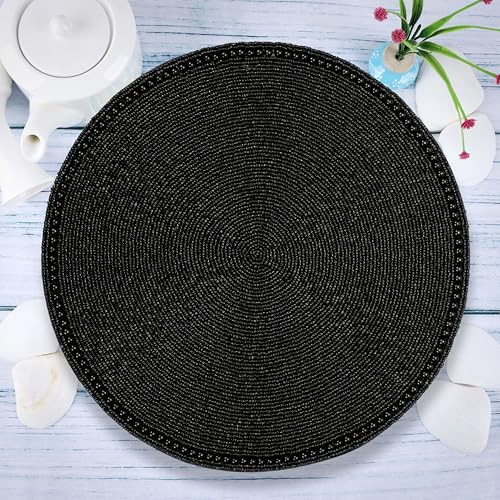 Beaded Round Placemats - Beaded Table Mats with Polyester Backing for Dining Table, Wedding, Christmas, Holiday, Party Decor - Handmade Glass Bead Charger 13" (Black) - ALPHA Living HOME - color: Black, size: Set of 1