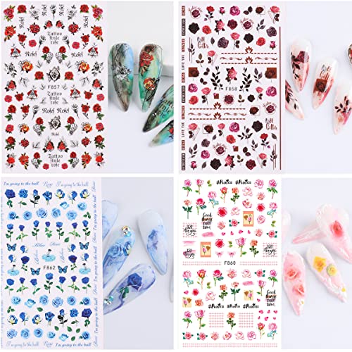 6 Sheets Flower Nail Art Stickers 3D Blue Pink Red Rose Nail Decals Spring Summer Nail Art Supplies Leopard Snake Leaf Butterfly Floral Nail Designs Supply Nail Stickers for Acrylic Nails Decor