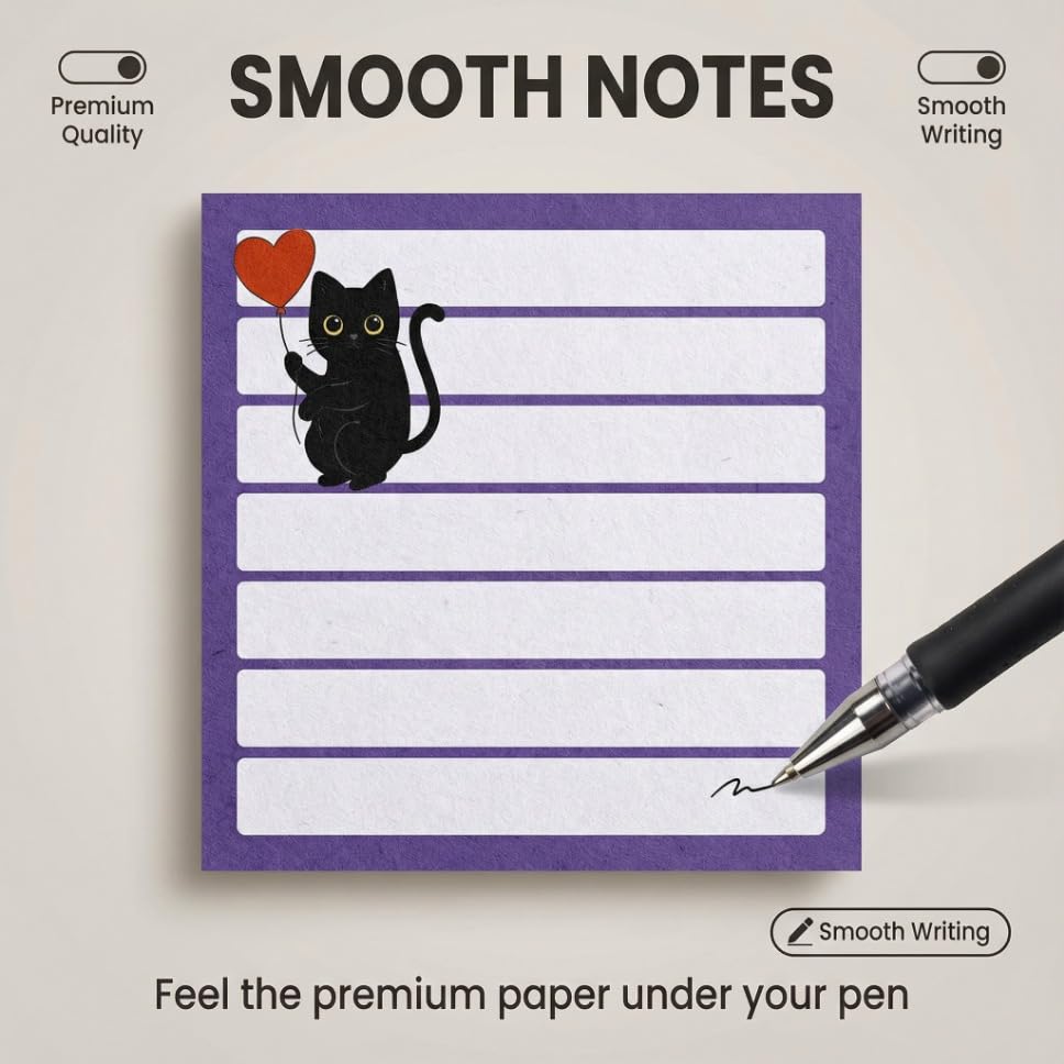 Cute Sticky Notes 9 Pack, 3x3 Inch Adhesive Memo Pads 450 Sheets, Lined and Blank, Kawaii Kitten Stationery, Funny Cat Lover Gifts for Women, Office Desk School Supplies - color: Classic Black Cat
