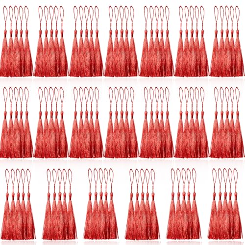 100 Pcs Red Mini Tassels 13cm/5 Inch with Loops for Bookmarks, Jewelry Making, DIY Projects - color: Red