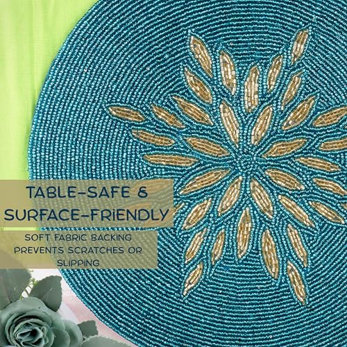 ALPHA Living HOME Beaded Table Mat, 13" Round, Gold Teal - color: Gold Teal, size: Set of 1