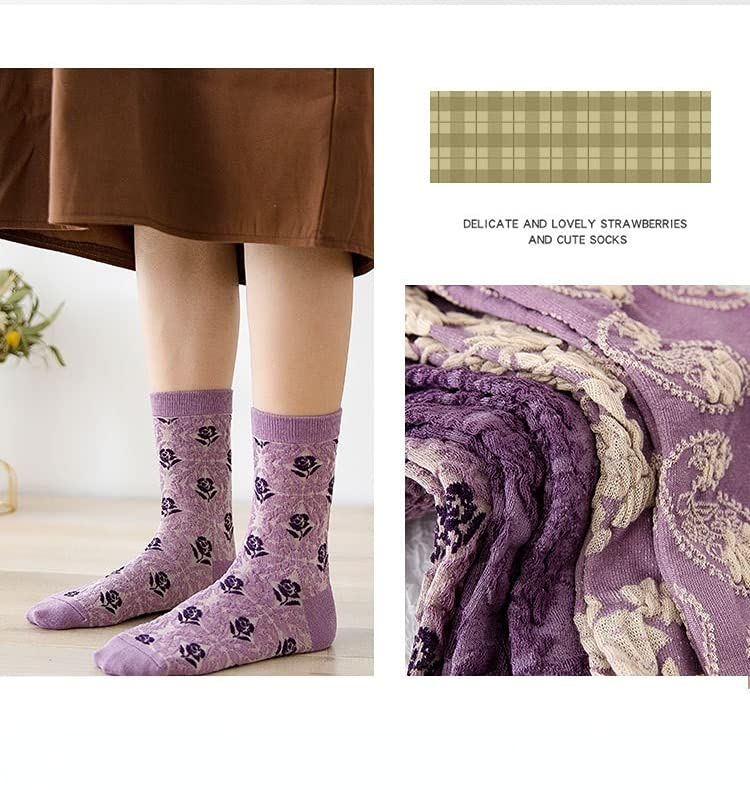 Vintage Embroidered Floral Socks for Women Combed Cotton Crew Socks - color: 5 Pairs - Purple