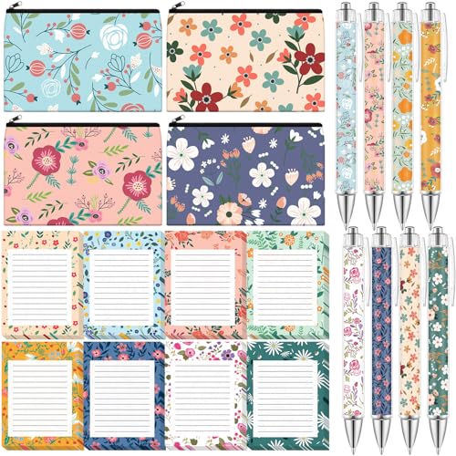 Eaasty 20 Pieces Flower Gift Set Cute Sticky Notes with Pens, Pencil Bags Makeup Bags, 3 x 4 Inch Notepads, Funny 1.0 mm Ballpoint Pens, Office Pink Bow Party Supplies for Women - style: Floral