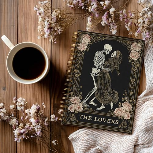 The Lovers Tarot Notebook Journal for Women - A5 Spiral Notebook with Dark Mystic Spells Skull Design, Vintage Witchy Journal, Lined Paper, Gothic Office & School Supplies, Unique Gifts for Women Birthday Graduation Christmas(Black-Skull) - color: Black-S