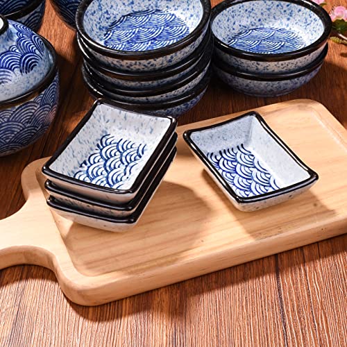 Ceramic Sauce Dish Set of 4, 3.5'' Rectangular Blue Wave Small Bowls