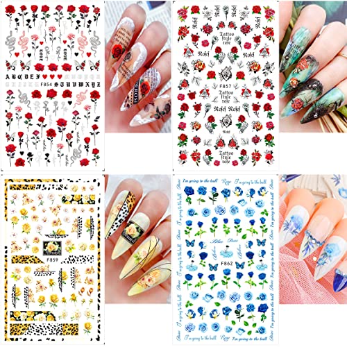 6 Sheets Flower Nail Art Stickers 3D Blue Pink Red Rose Nail Decals Spring Summer Nail Art Supplies Leopard Snake Leaf Butterfly Floral Nail Designs Supply Nail Stickers for Acrylic Nails Decor