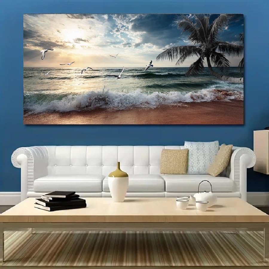 Yxbhhym Large Beach Ocean Canvas Wall Art Coast Sunset Sea Paintings Poster Seascape Picture Palm Artwork for Living Room Bedroom Home Decorations Wall Room Decor Modern Framed 24x48inches - color: Beach Wall Art, size: 48"L x 24"W
