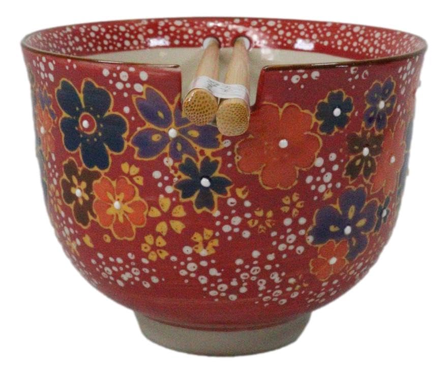 Ebros Gift Artistic Donburi Ramen Udon Noodles Soup Salad 5" D 18Oz Bowl With Bamboo Chopsticks And Built In Rest Set Asian Dining Kitchen Accent (Red Floating Colorful Flowers) - color: Red Floating Colorful Flowers