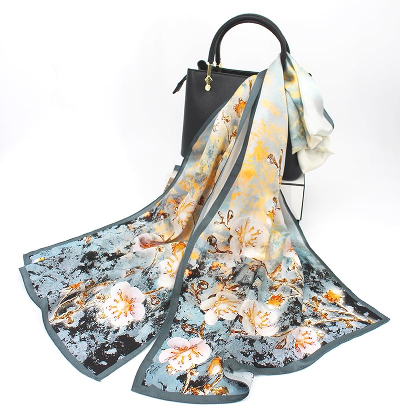 ANDANTINO 100% Silk Long Scarf-Women Large Oblong Shawls with Gift Packed - color: Gold&blue