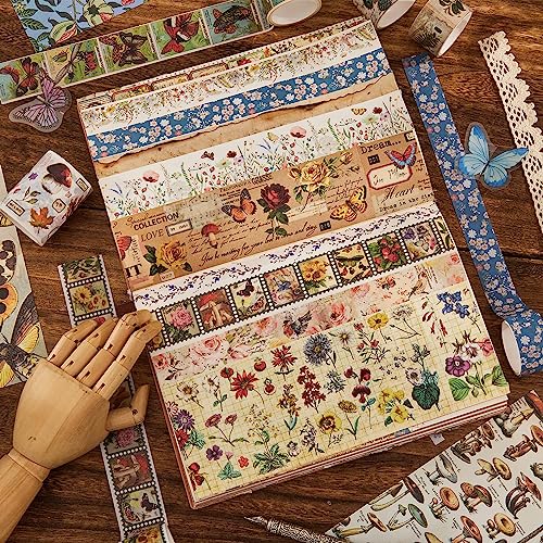 42 Rolls Vintage Washi Tape Set, Floral Letter Butterfly Mushroom Botanical Flower Writable Decorative Tapes for Scrapbooking , Junk Journal Supplies, Bullet Journaling 5-75mm Wide 9.84ft long/Roll - style: Natural Plus