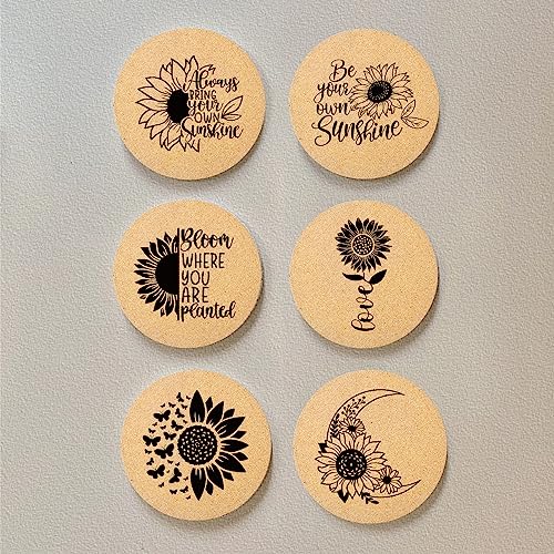 Coasters for Drinks with Holder Set of 6, Sunflower Absorbent Cork Wood Coaster for House Warming Gifts New Home Couples for Cup Desk Table Office Kitchen Decor, Round 4" - color: Sunflower