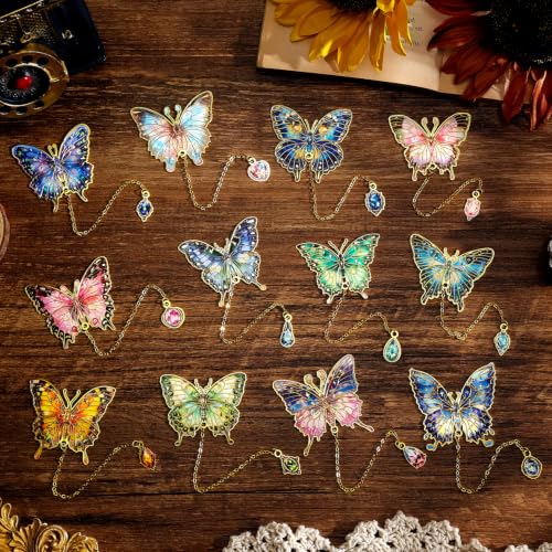 12 Pieces Metal Butterfly Bookmarks with Chain, Golden Hollow Bookmark Monet Oil Painting Theme Book Mark Bookmarks for Book Lovers Women Writers Readers Children Teens - color: 12 Pcs Butterfly