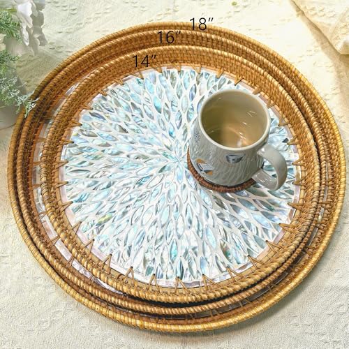 i-lan 18-Inch Large Round Mother of Pearl Rattan Decorative Serving Tray - size: 17.8"