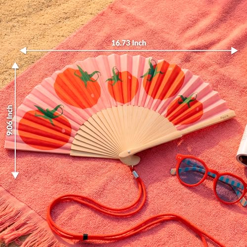 Fisura – Original Folding Fan with Tomato Print. Colorful Wooden Folding Fan in red with Strap Included. Fun Gift idea for Travel Beach Days or Summer Events. 16.7 x 9 in. - color: Tomatoes, Red