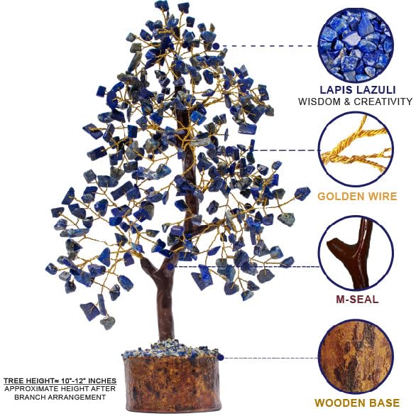ZENFULSTONE Lapis Lazuli Crystal Tree for Wisdom & Truth Décor for Home and Office | Handmade Bonsai for Communication & Clarity of Thought | Perfect Insight Gift for Loved Ones - color: Lapis Lazuli Golden Wire