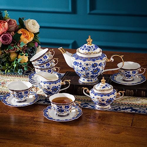 ACMLIFE Tea Set for Adults, Vintage Tea Sets, Bone China Tea Set, Tea Cup Set Porcelain Tea Set for 6, Floral Tea Cup Set With Teapot, 21 Pieces Tea Party Sets for Women Gift，Mother's Day (Blue) - color: Blue