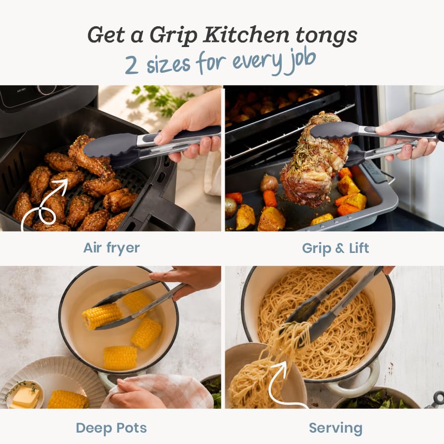 Starpack Get a Grip Silicone Kitchen Tongs (2-Pack, 9" + 12") - LFGB Non Toxic, 600°F Heat Resistant, BPA-Free - Heavy-Duty Stainless Steel, Locking - Dishwasher Safe for Nonstick Cookware - color: Gray/Black, size: Set of 2 (9" & 12")