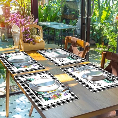 Happy Spring Placemats Set of 6 Black White Plastic Table Mat 17×13×0.04in - style: Flowers Trucks