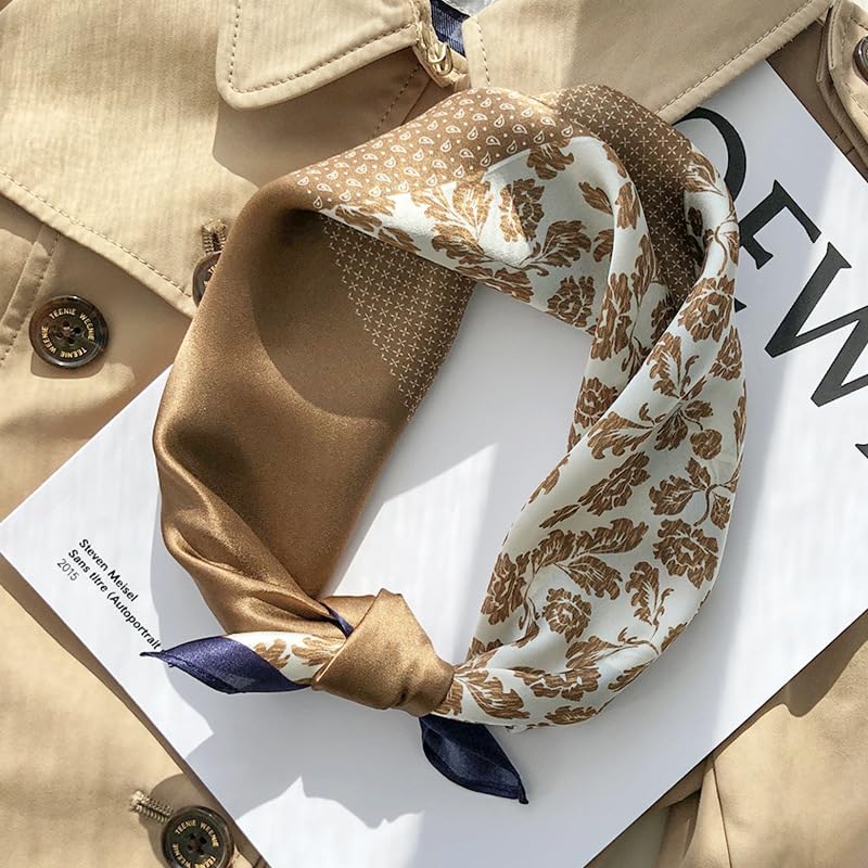 FEIBOON Mulberry Silk Scarf 21"x21" Small Square Scarfs for Women - color: Coffee White