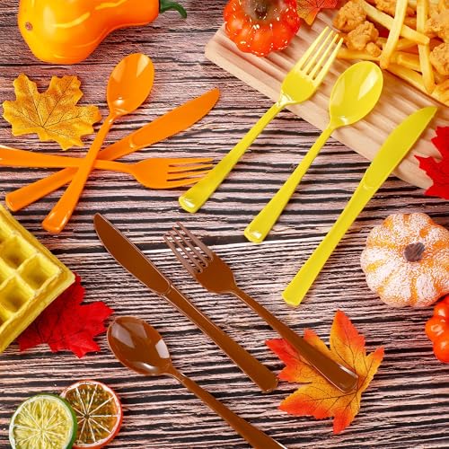 Kochorie 300 Pieces Thanksgiving Plastic Silverware Fall Heavy Duty Utensils Set Heavyweight Disposable Flatware Includes Orange Yellow Brown Spoons Forks Knives for Thanksgiving Dinner Party Supplies - color: Yellow, Orange, Brown