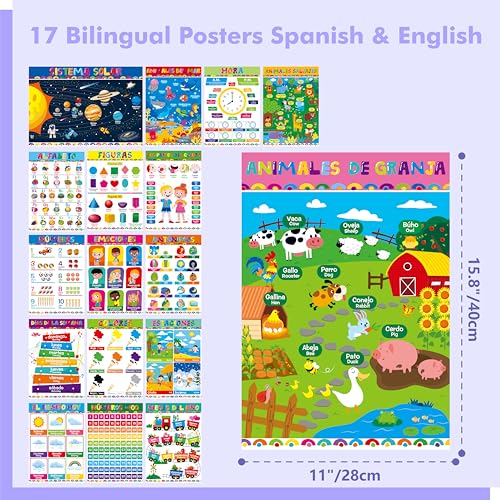 17 Spanish & English Posters, Thick Elementary Bilingual Poster Set, Waterproof & Tearproof with PET Film, Early Learning Tool, Dual Language Educational Posters for School Supplies, Classroom Decor - color: 17 Spanish & English Posters