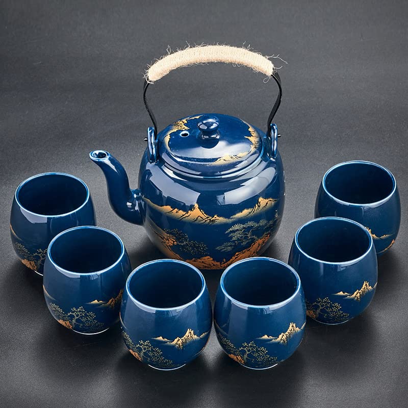 Gift Set Japanese Tea Set, Asian Black Glazed Ceramic Tea Set - Contains 1 Teapot, 1 Tea Strainer and 6 Teacups. Ideal for Home, Outdoor, Office (Blue1) - color: Blue1