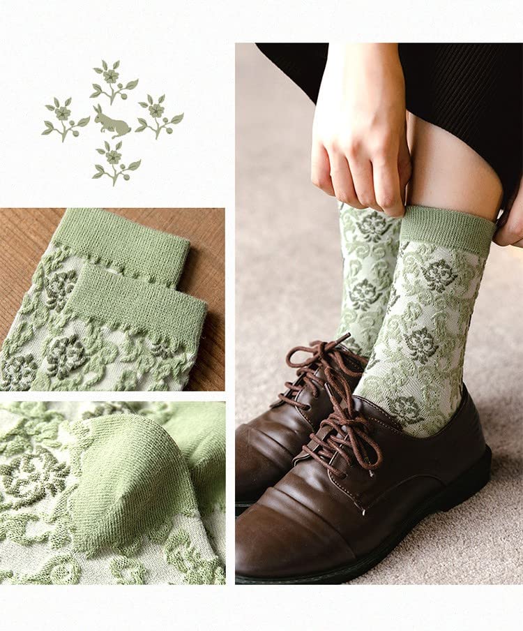 Vintage Embroidered Floral Socks for Women Combed Cotton Crew Socks - color: 5 Pairs - Green