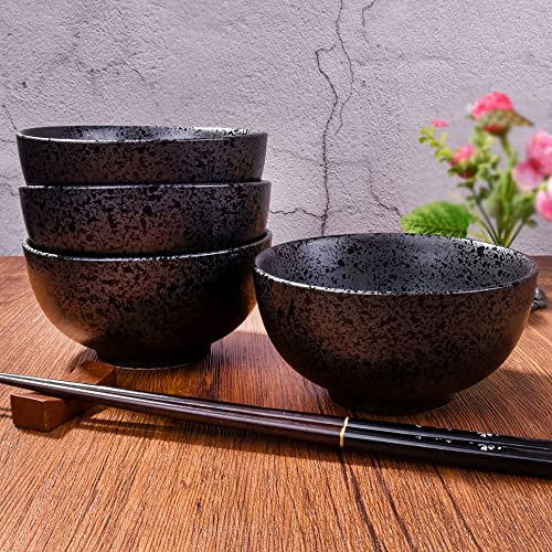 Japanese Ceramic Rice Bowl Set of 4,4.5 Inch Speckled Black Small Bowls - color: Black