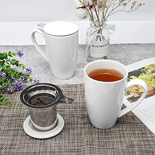 amhomel Porcelain Tea Mug with Infuser and Lid, 16 Ounce Ceramic Tea Cup for Loose Leaf, Coffee, Cocoa and Milk, Tea Gift for Tea Lovers, Set of 2(White) - color: White