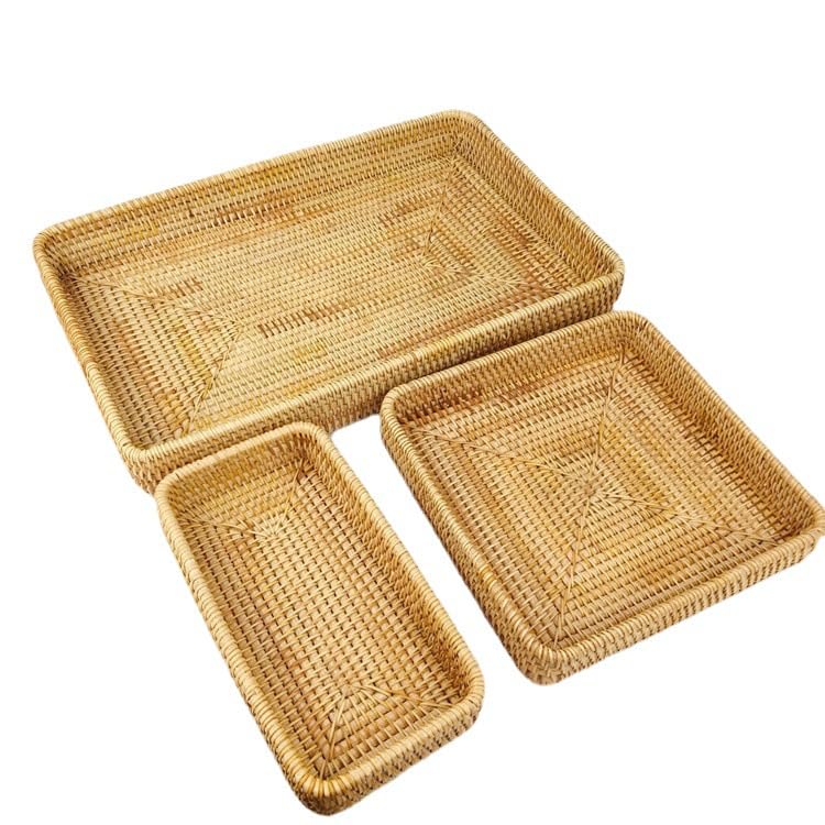 Rattan Serving Tray with Mother of Pearl Inlay,Set of 3 Wicker Serving Tray Boho,Hand-Woven from Natural Rattan, Serving Baskets for Home Decor and Coffee Table Decor (Natural) - color: Natural