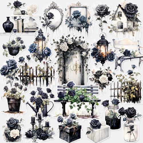 Dark Aesthetic Stickers 80 Pcs, Black Rose Stickers Goth Style Scrapbook Supplies, Water Bottle Vinyl Waterproof Sticker for Bullet Journal Laptop Skateboard Computer Guitar - style: Antique