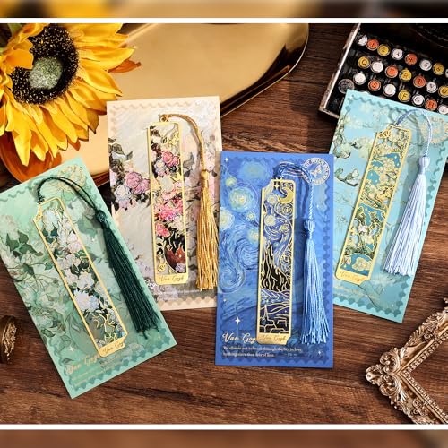 icceemee 4 Pieces of Gold Hollow Bookmarks with Tassels, Featuring Van Gogh and Monet Oil Painting Themes Perfect for Book Lovers, Writers, Readers, Children, Teenagers, Men, Women, and Adults - style: Oil Painting Theme Set of 4