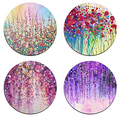 Colorful Watercolor Flowers Round Coaster Set of 4-Made of Recycled Rubber - color: Colorful Watercolor Flowers