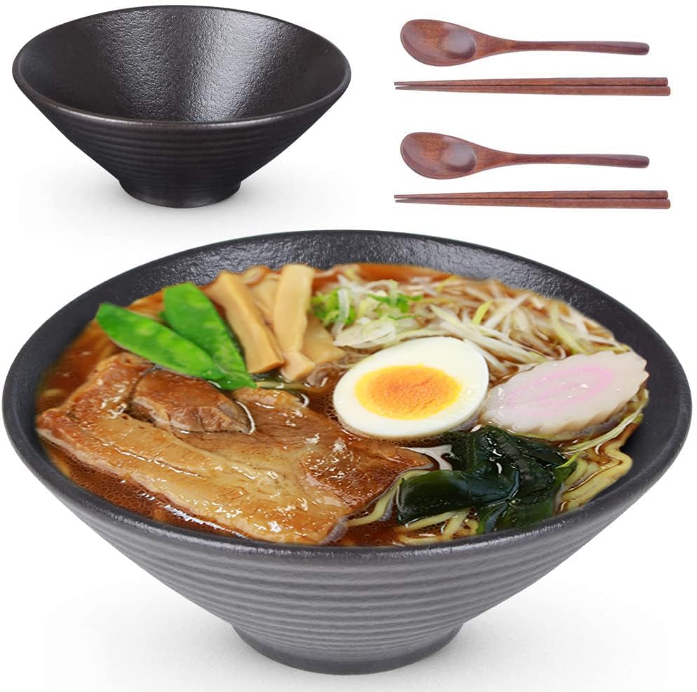 Lareina Ceramic Japanese Ramen Bowls, 2 Sets (6 Piece) 60 Ounce, Large Noodle Soup Bowl with Matching Chopsticks and Spoons for Asian Pho Udon Soba, Matting Black - color: Matting Black