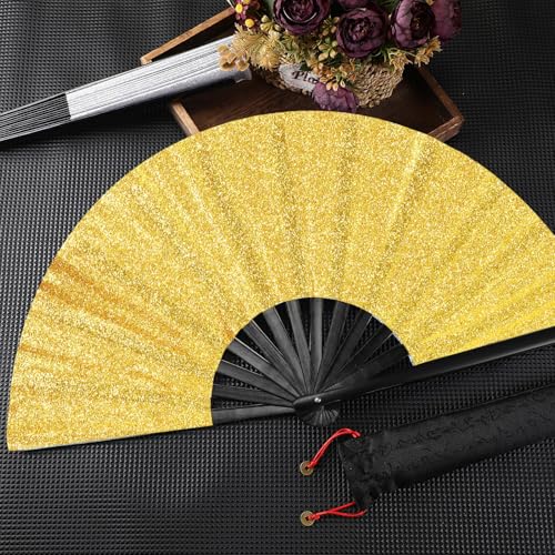 Maitys 2 Packs Large Folding Hand Fans, 13'', Glitter Black and Gold - color: Glitter Black and Gold