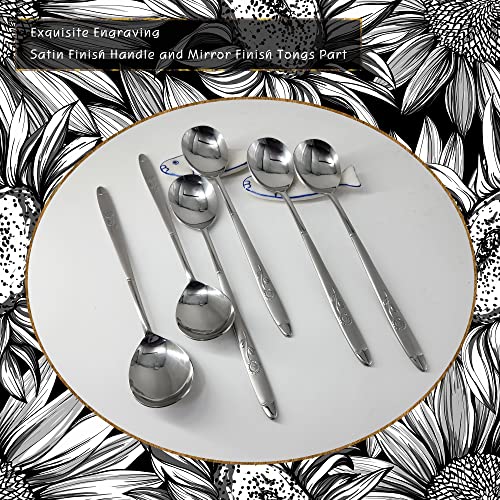 Korean Style Soup Spoons - 8.5 inch Premium Stainless Steel Dessert, Dinner, Rice & Ice Cream Scoop (Sunflower, 6 Pcs)