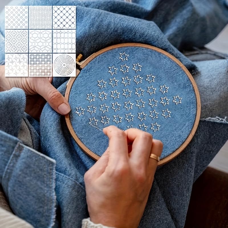 9 Pcs Reusable Sashiko Embroidery Stencils, Geometric Line Quilting Templates for Painting, Drawing, DIY Crafts, Canvas, Wood, Wall & Cookie Decor - color: 9pcs Sashiko
