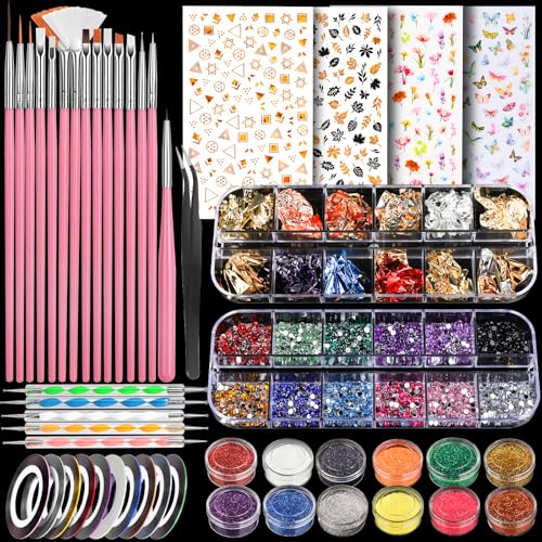 Teenitor Nail Art Brushes Nail Art Tools, Nail Brushes for Nail Art Kit with Nail Stickers, Nail Design Tools Nail Design Brushes Nail Gems, Nail Stuff Dotting Tools Nail Art Stickers Nail Supplies