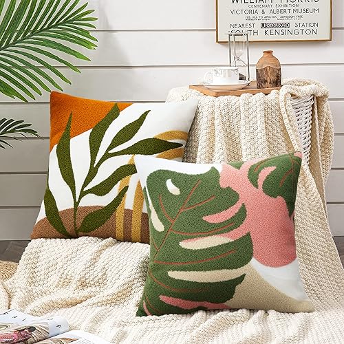 Merrycolor Abstract Boho Pillow Covers 18x18 Soft Mid Century Throw Pillow Covers Texture Geometric Floral Green Pillow Cover Cases Bohemian Decorative Throw Pillows for Couch Bed Sofa Bedroom - color: Style D, size: 18" x 18" (Pack of 1)