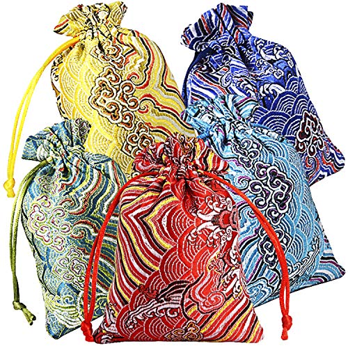 PINOWU 10pcs Silk Brocade Jewelry Pouch Bag 4x5.5 for Wedding Party Favors, Drawstring Coin Purse Embroidered Sachet Candy Chocolate Bag for Christmas New Year Birthday Party (Thick)